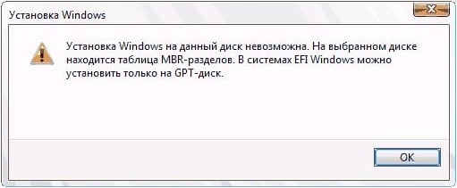 "Установка Windows на данный диск невозможна. На выбранном диске находится таблица MBR"